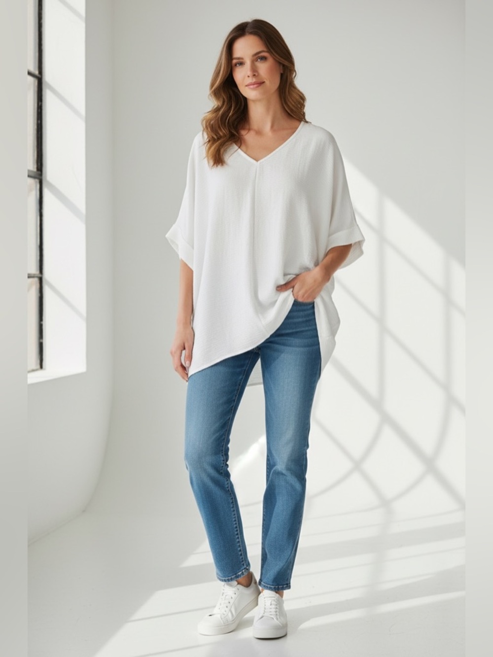 Zenana V-Neck Woven Dolman Sleeve Top in White